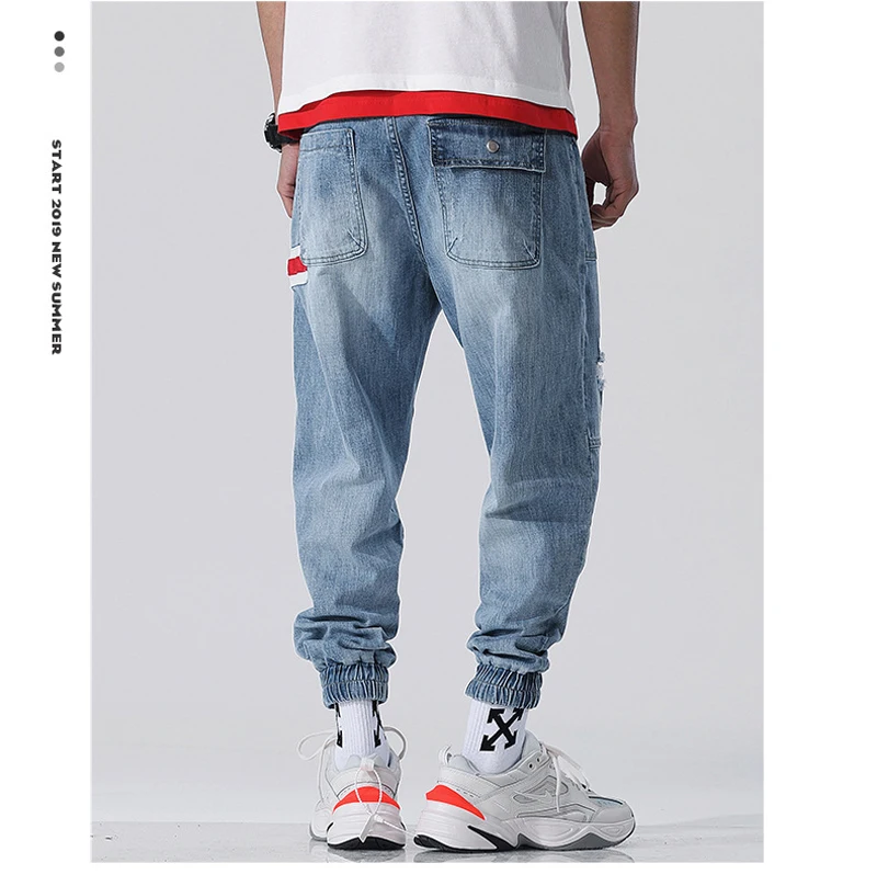 Большой Размеры уличной моды Для мужчин джинсы голубой цвет свободные сращены Slack дно шаровары патч для брюк в полоску Хип-хоп бегунов