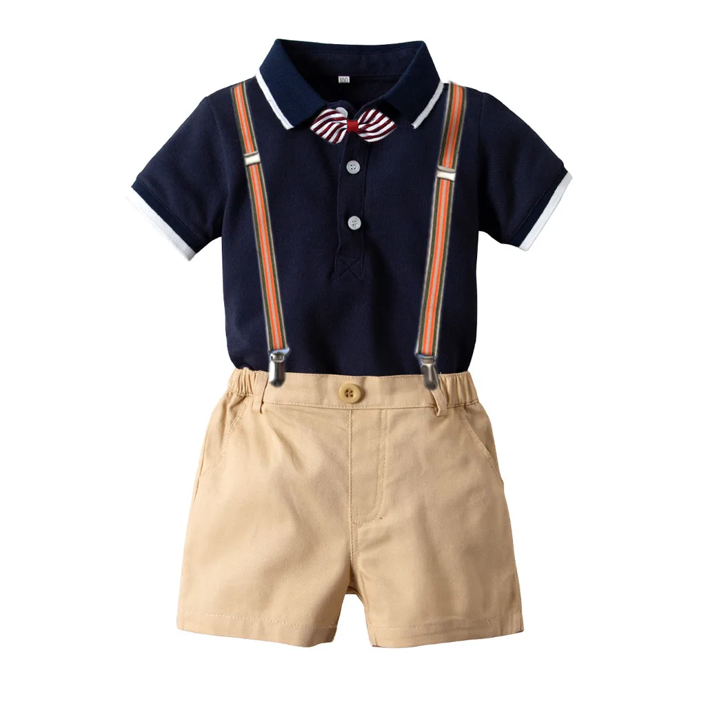 Toddler baby clothes boy summer baby boy clothes Gentleman Bowtie Short Sleeve Shirt+Overall Shorts baby boy easter boys outfits
