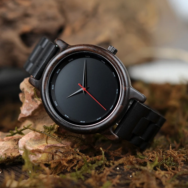 BOBO BIRD V-P10 Watches Men Natural Black Wooden Ebony Quartz Fashion Wristwatch with Red Second Hand