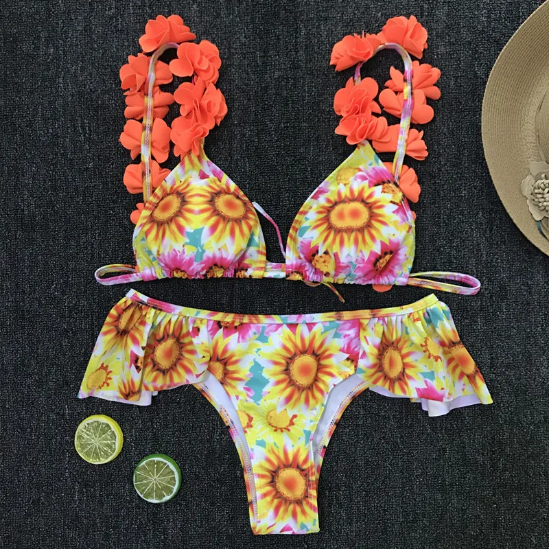 NEW Swimwear Women Bikini Set 3D Flower Strap Print Push Up Padded