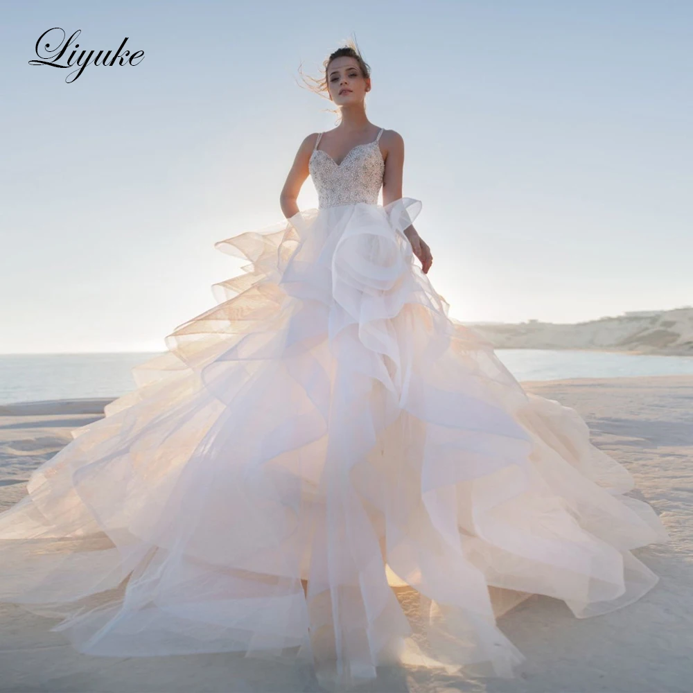 

Liyuke Lustrous Organza Tulle Skirt With Beading A-Line Wedding Dresses Court Train Luxury Wedding Gown