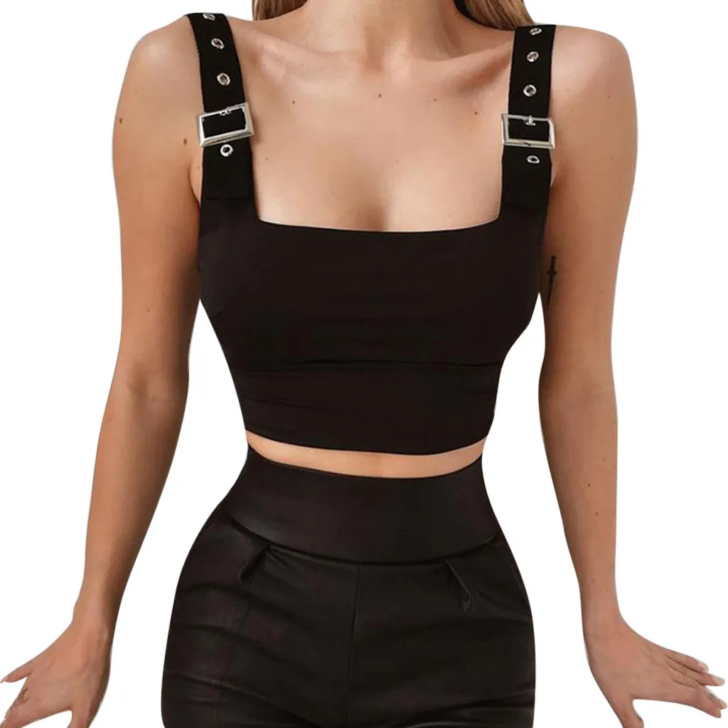 

Crop Top Women Sexy Vest Fashion Solid Metal Button Camisole Tank Tops Sleeveless T-Shirt Bralette Crop Top ropa femenina