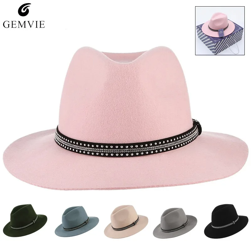 Fashion Women Fedoras Flat Brim 100Wool Felt Hats GEMVIE Female Retro Wide Brim Jazz Cap