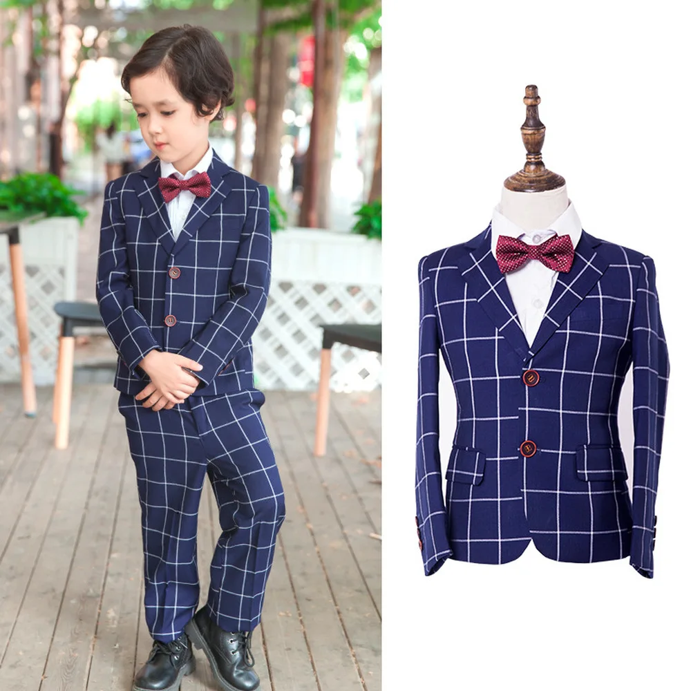 

High Quality Children's Wear Boys 4 Years To 10t 12t Plaid Blazer + Boys Prom Formal Pant + Vest Suits for Weddings Blue