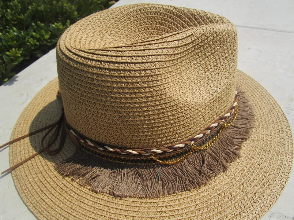 Летние шляпы от солнца для женщин Мужская пляжная соломенная шляпа Богемия Кепка для защиты от ультрафиолета Панама шляпа с кисточкой кожаный ремень Золотое ожерелье