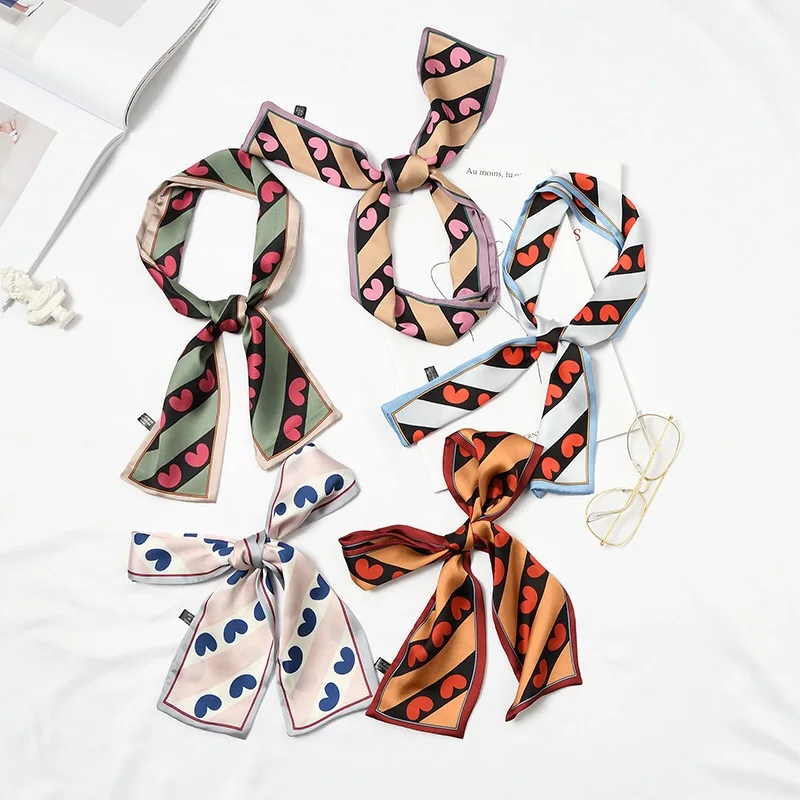 Fashion Korean imitated japanese silk scarf for girl animal printed tie collar scarf small long scarves for women bag hair scarf