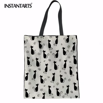 

INSTANTARTS Cartoon Cat Printing Eco Reusable Handbags Cloth Fabric Grocery Packing Recyclable Bag Simple Design Shoulder Bags