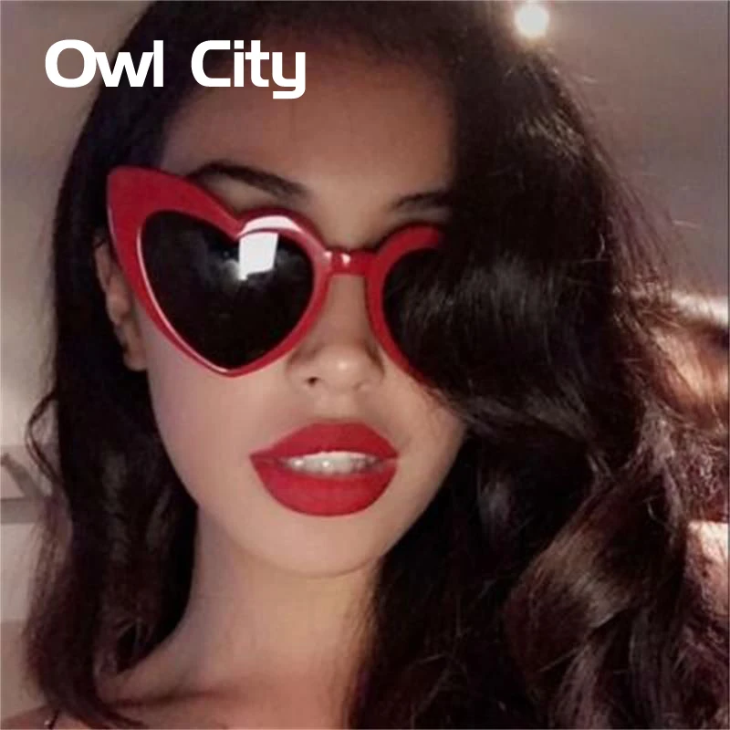 Owl City Heart Sunglasses para mulheres, óculos retrô marca designer de corações vermelhos, tons vintage dos anos 90, senhoras