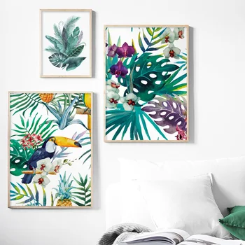 

Flower Monstera Plant Leaves Toucan Wall Art Canvas Painting Nordic Posters And Prints Wall Pictures For Living Room Home Decor
