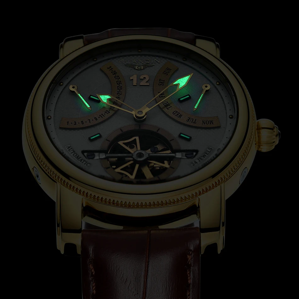 GUANQIN механические Автоматические часы водонепроницаемые золотые брендовые роскошные часы мужские часы с турбийоном часы с дисплеем недели месяца наручные часы