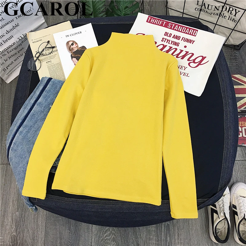 

GCAROL 2019 Women Stand Collar Candy Shirt Stretch Basic Tops Undershirt Render Garment Fall Winter Thick Fleece Tops Pullover