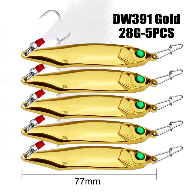 5 шт., металлическая приманка, рыболовная приманка, ложка, приманка, 15 г/20 г/28 г/35 г, рыболовная приманка, 2 цвета, 6#, крючок, тройные рыболовные снасти с коробкой - Цвет: Gold 28G