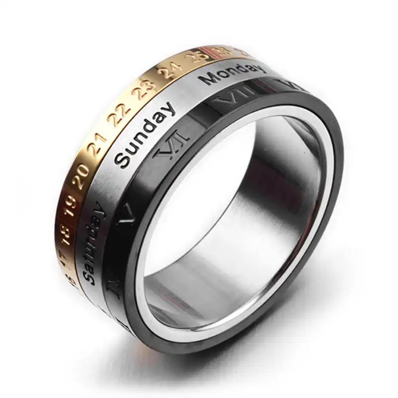 Mens Ring With Month Day Date Unique Spinner Stainless Steel Rings