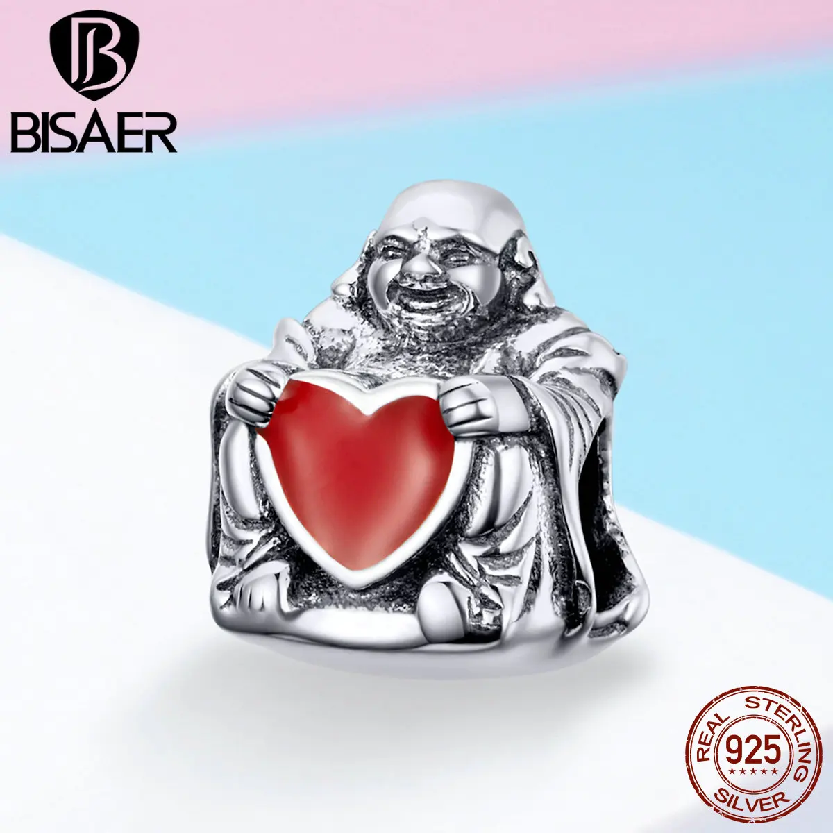 

BISAER Hot Sale 925 Sterling Silver Happy Maitreya With Red Love Heart Beads fit Charms Bracelets DIY Jewelry Making ECC1040