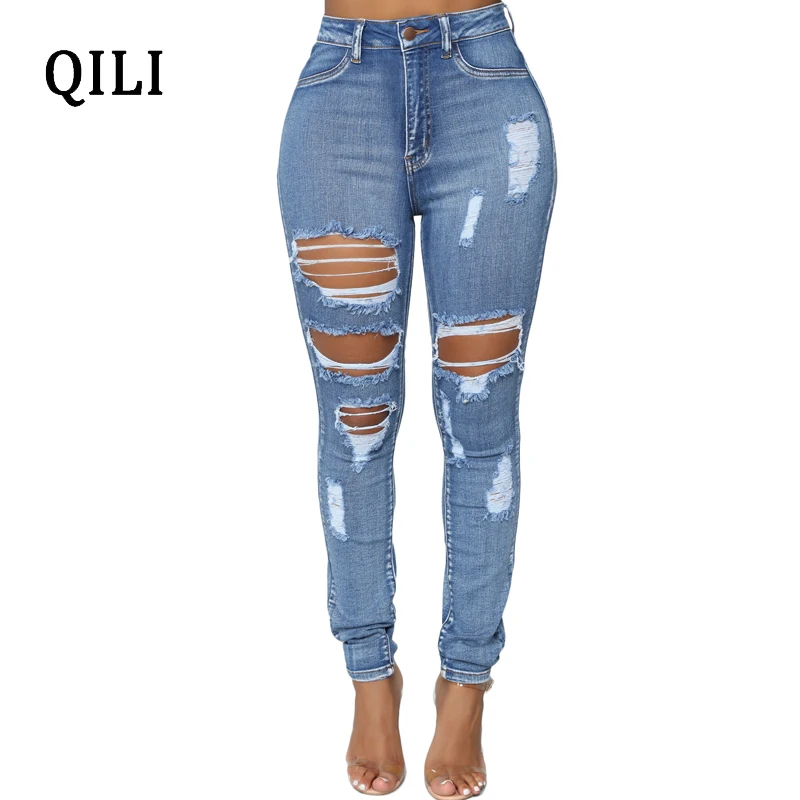 

QILI Mid Waist Zipper Fly Ripped Hole Jeans Trousers For Women Casual Skinny Pencil Pants Jeans Destroyed Cut Blue Denim Jeans