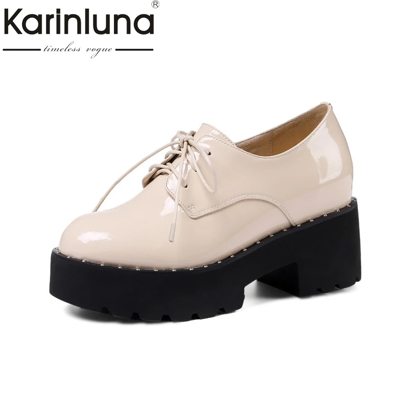 

Karinluna 2018 Spring Autumn Sweet Patent Lace Up Flat Platform Shoes Woman Height Increasing Women Date Casual Shoes