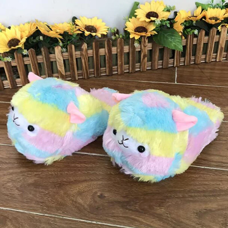 

Unisex Cartoon Grass mud horse Slippers Home Use Slides Women Warm Indoor Slippers Rainbow stripes Plush Slippers s93
