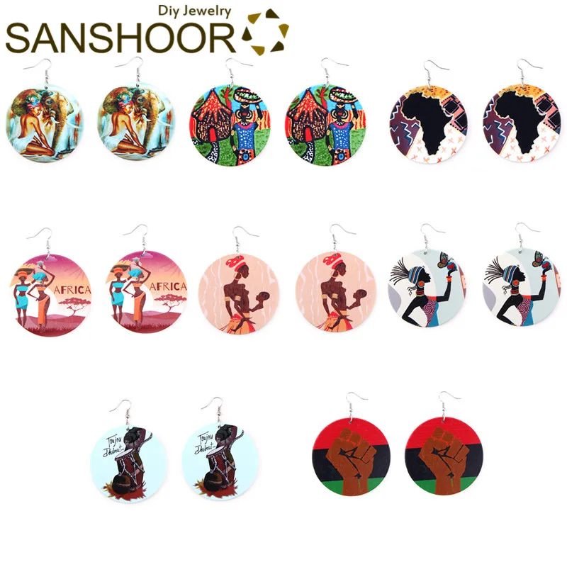 

SANSHOOR Afrocentric Ethnic Wood Drop Earrings Collection 6cm Large Size Blacks Tribe Headwrap Power Fist For Woman Gifts 8Pairs