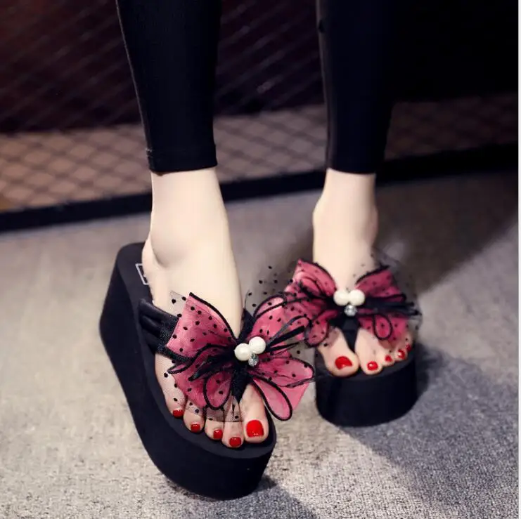 rose Red 8cm Летняя женская обувь с бантом; шлепанцы на платформе; пляжные вьетнамки на танкетке; шлепанцы на высоком каблуке для женщин; Брендовая женская обувь на очень высоком каблуке; c24 - Цвет: rose Red 8cm
