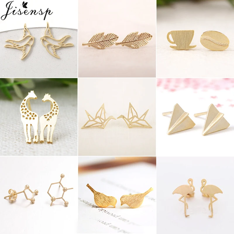 

Jisensp Lovely Animal Stud Earrings Women Kids Jewelry Cute Leaf Ear Earing Fashion Bird Earings Piercing Pendientes Party Gifts