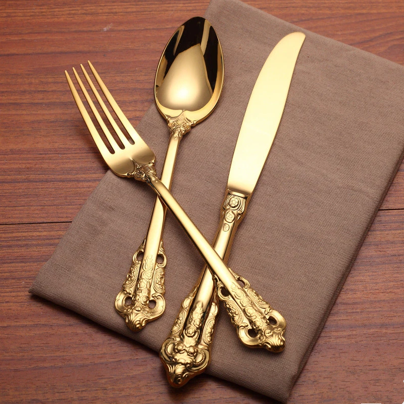 

European Style Western Gold Sharp Scoop Steak Fork Luxury Dinner Knife Carving Handle Dessert Scoop Dinnerware Set 4pcs/set