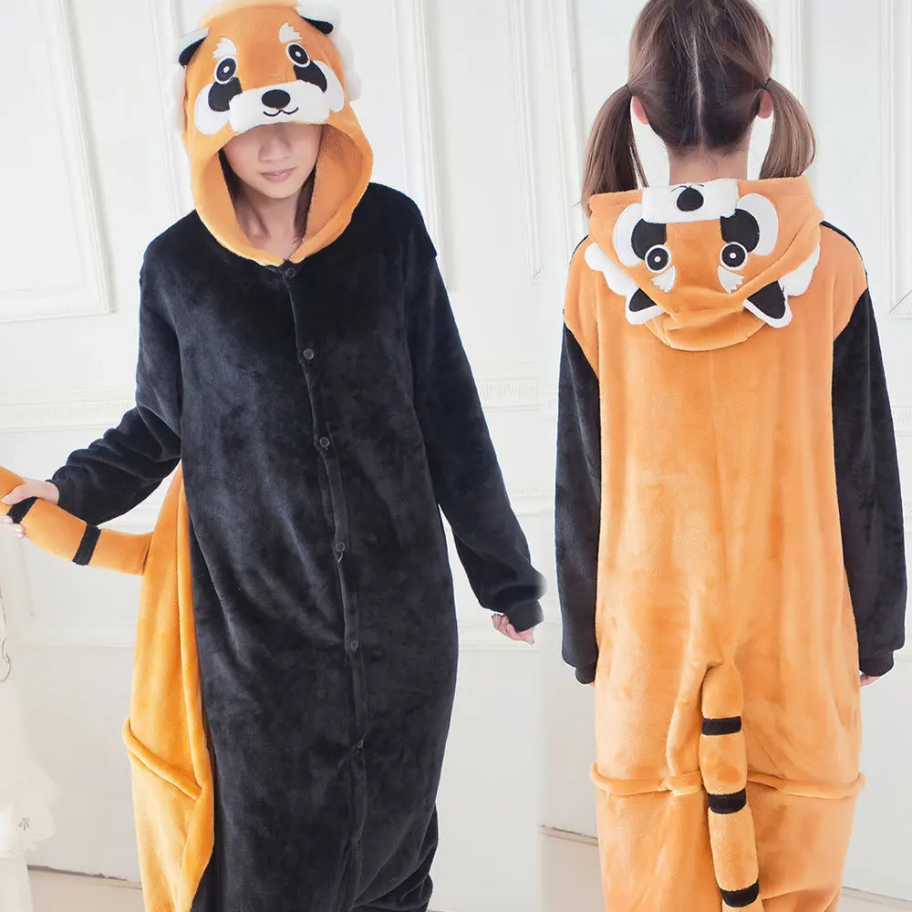 Кигуруми взрослых животных единорог пижамы набор Косплей панда для женщин мужчин зима унисекс фланель Ститч комбинезоны с капюшоном пижамы - Цвет: Raccoon