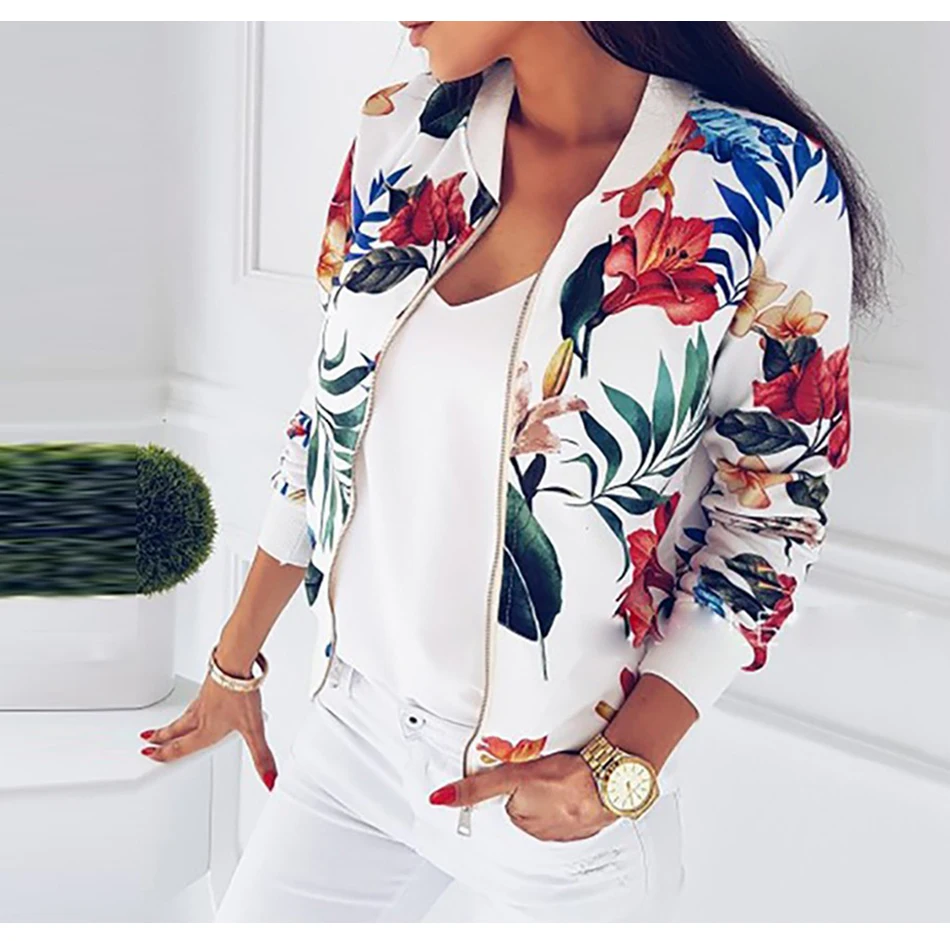 Women's Retro Floral Print Thin Zipper Jacket Model White 1