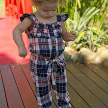 Новинка года; Летний комбинезон с короткими рукавами для маленьких девочек; комбинезоны с поясом; пляжный костюм в клетку; свободная одежда