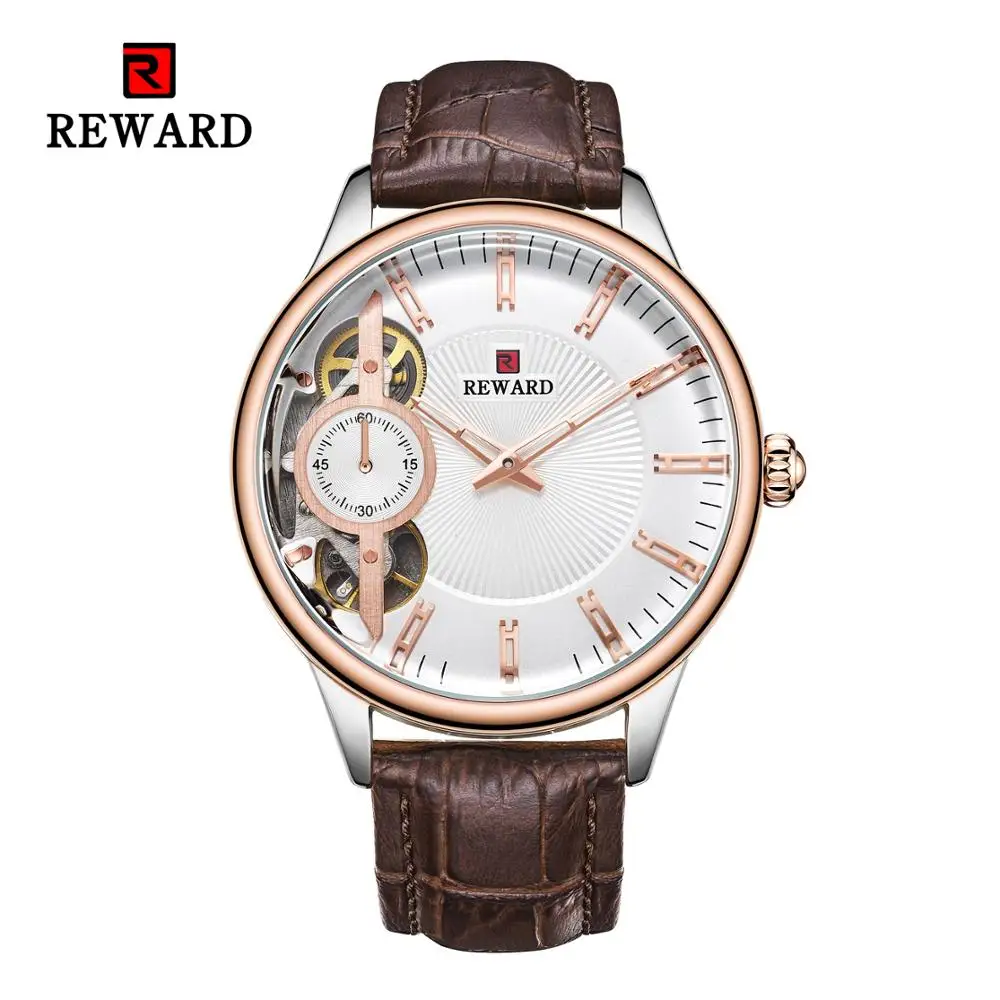 

REWARD Brand Business Men's Watch Japan Double hollow Movement Waterproof Genuine Leather Strap watch men relogio masculino