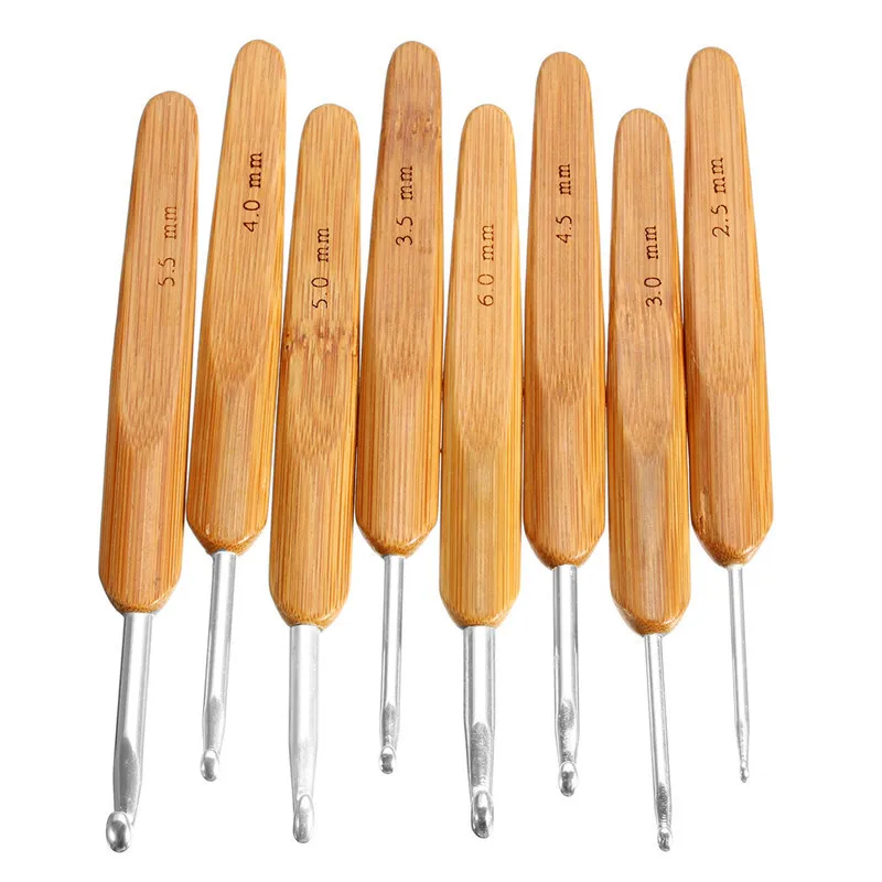 

[2.5-6.0mm] New 8Pcs 8 sizes Metal Crochet Hooks Bamboo Smooth Handle Knitting Needles For Handrafts Yarn Weave Tools