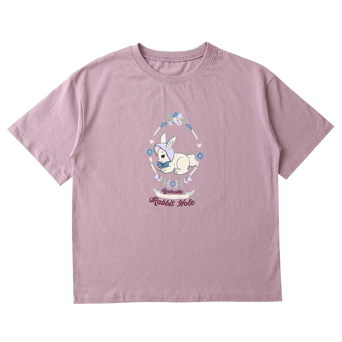 Korean Summer Women Loose T-shirt Purple Short Sleeve High Quality Garlands Sweet Rabbit Print Girl's Teen Loose Tee Tops Tshirt