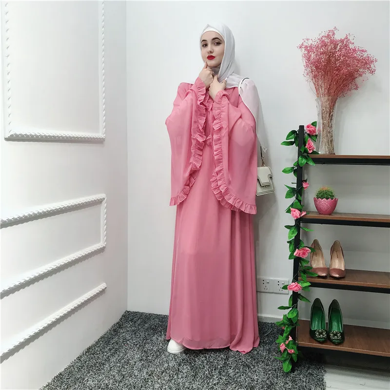 Фабрика большой расклешенный рукав мусульманские abayas syari арабские женщины полная Длина оборками кружева мусульманские халаты Рамадан абаи с поясом wq980