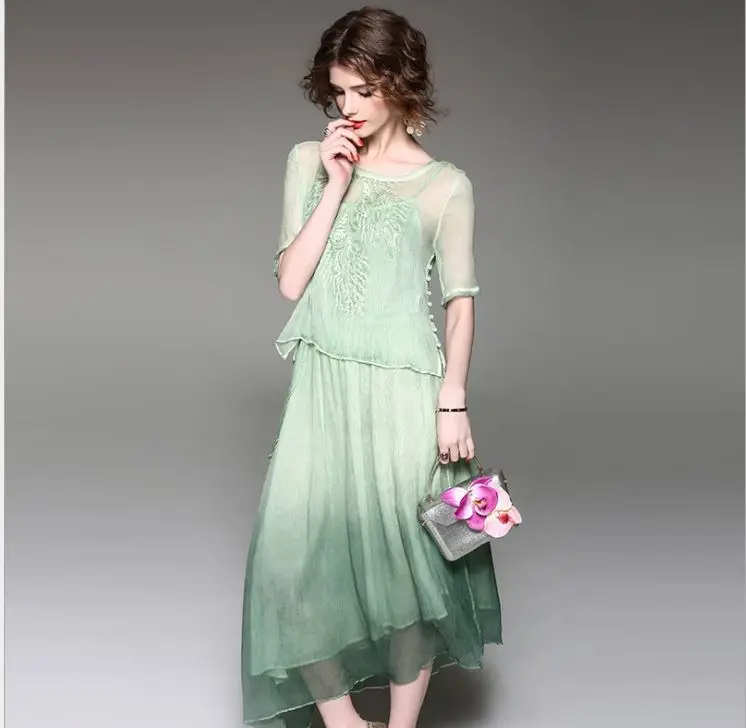 Seta Designer Colore Vestito Petto Runway Cotone Di Caviglia Estate 2018 Lunghezza Della Chiaro Donne Verde Delle Gradiente Set Ricamo 75S1vq
