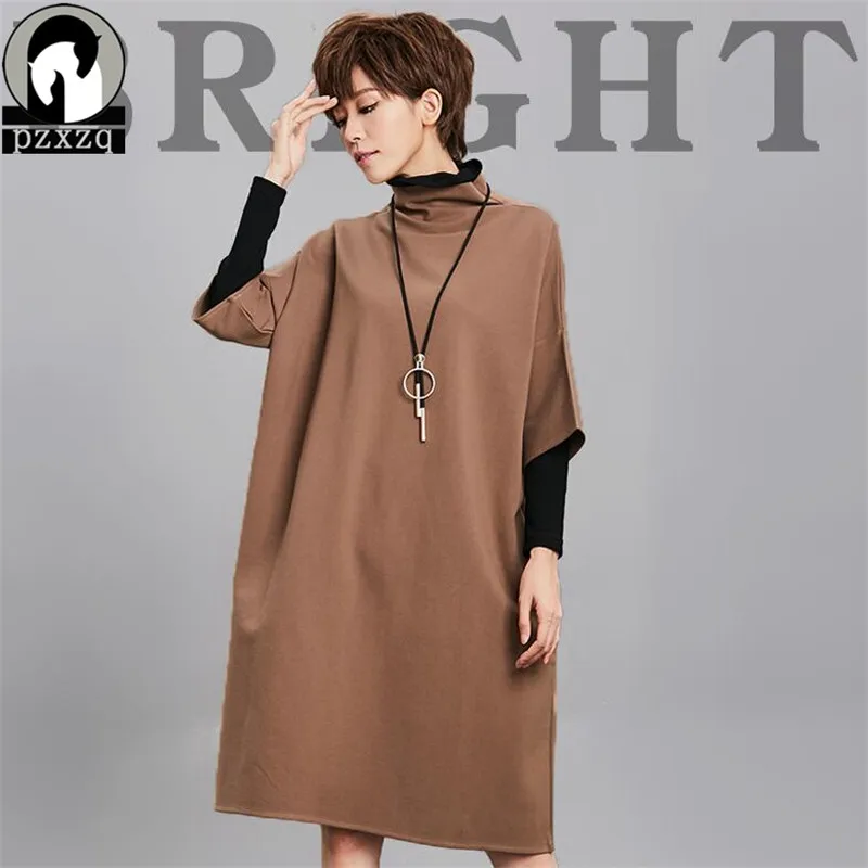 

(gift Necklace) spring Winter Dress Fashion Women's Wear Night Shop Big Size Short Sleeves Pocket Turtleneck Pure Color Dress