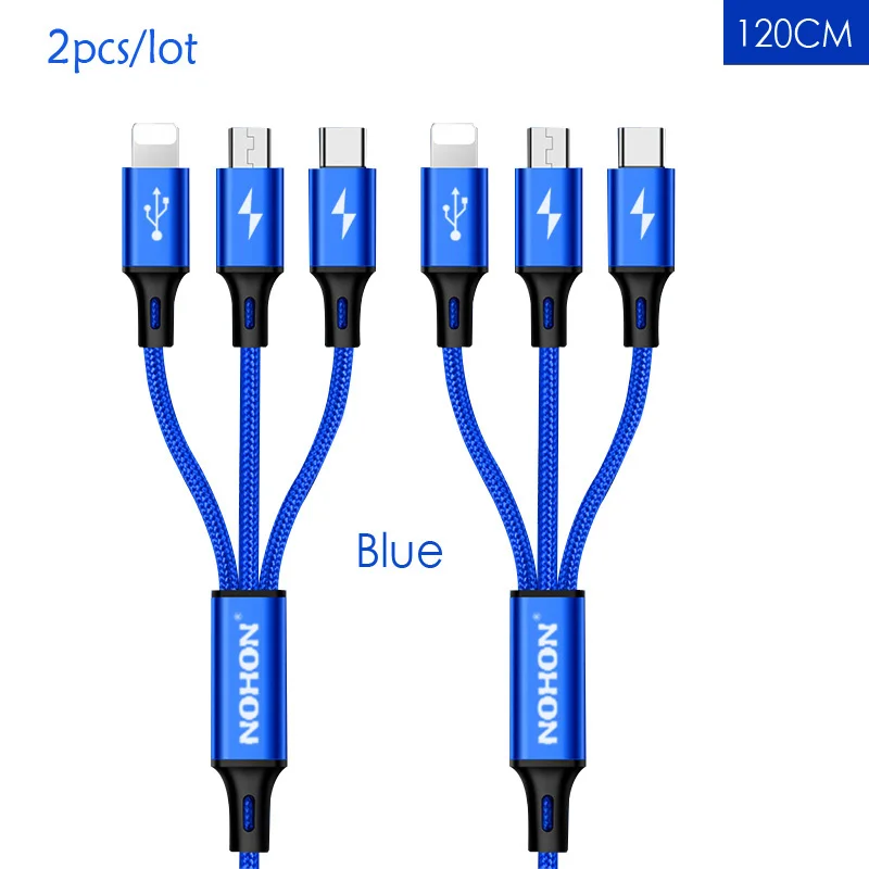 2 шт./лот NOHON 3 в 1 type C 8Pin Micro USB кабель для iPhone 8X7 6 6S Plus iOS 10 9 8 samsung Nokia USB кабели для быстрой зарядки - Цвет: 3 IN 1 Blue Blue