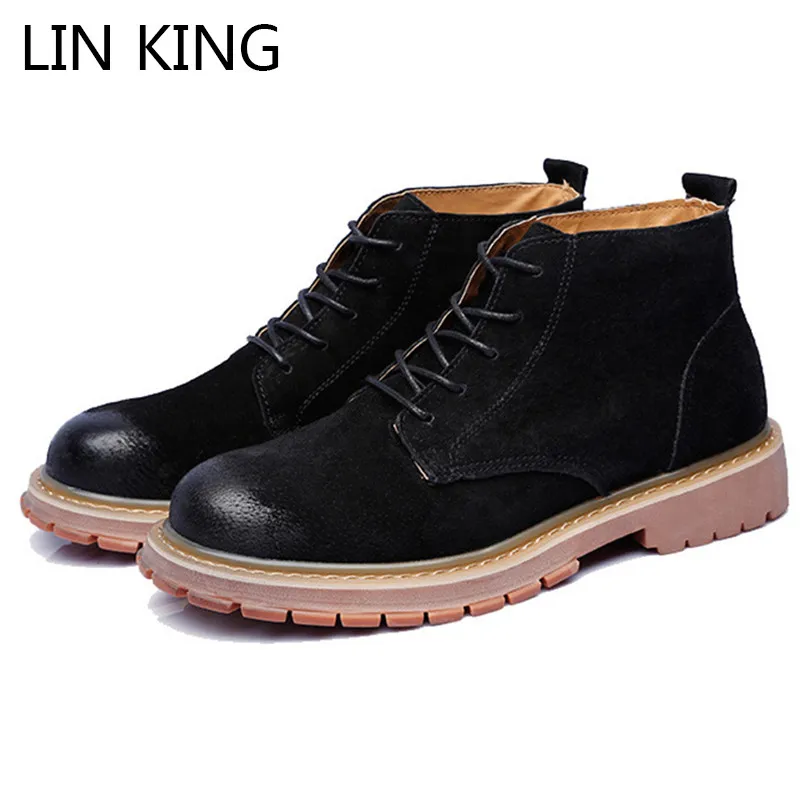 

LIN KING Vintage Men Leather Short Boots Thick Sole Cowboy Western Boots Lace Up Round Toe Boots Outside Footwear Botas