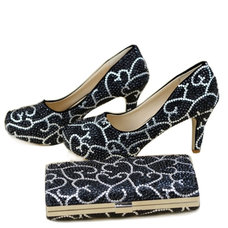 

2018 Crystal Wedding Shoes Black Rhinestone Woman Formal Dress Shoes with Matching Purse 3 Inches High Heel Adult Ceremony Pumps