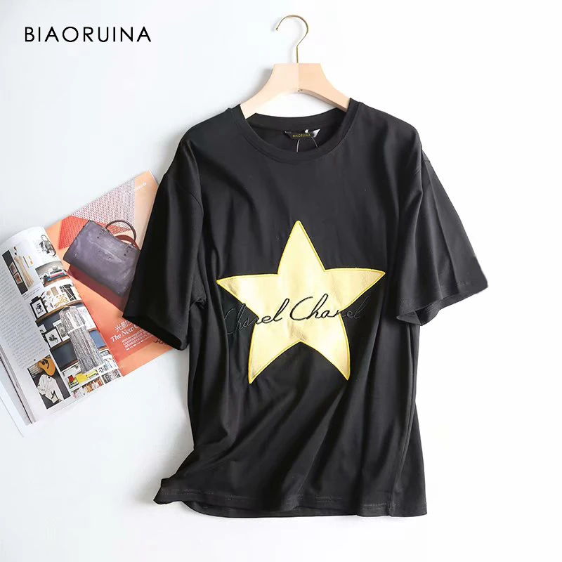 BIAORUINA, Женская Повседневная футболка с вышитыми буквами, короткий рукав, Женская свободная модная футболка с геометрическим рисунком, женские универсальные футболки, топы