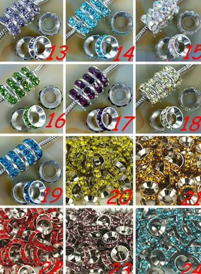 

can choose color free shipping 10mm Green Rhinestone Crystal Rondelle Spacer Beads Lot,Rhodium Plated Big Hole European Beads.