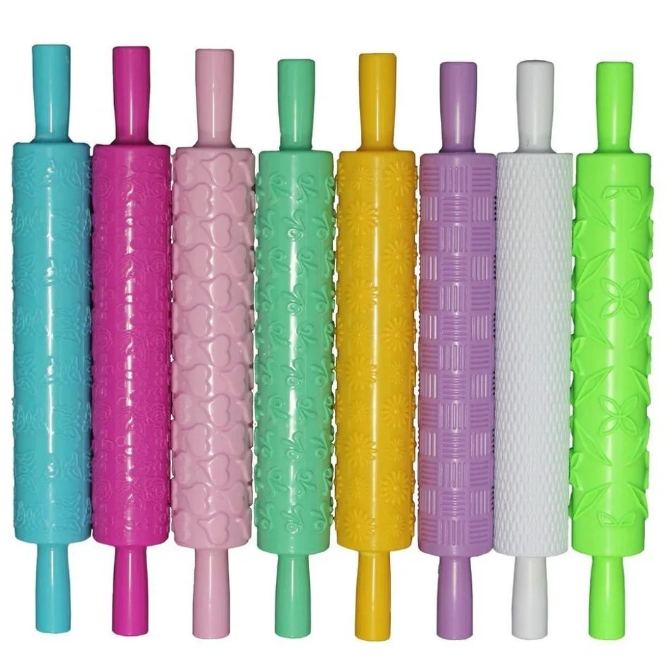 

8pcs/set Colourful Plastic Embossed Textured Patterned Fondant Rolling Pins Cake decorating Baking Tools