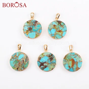 

BOROSA 5PCS Wholesale Natural Turquoises Round Druzy Pendant Gold Plating High Quality Blue Stone Charms diy for Necklace G1686