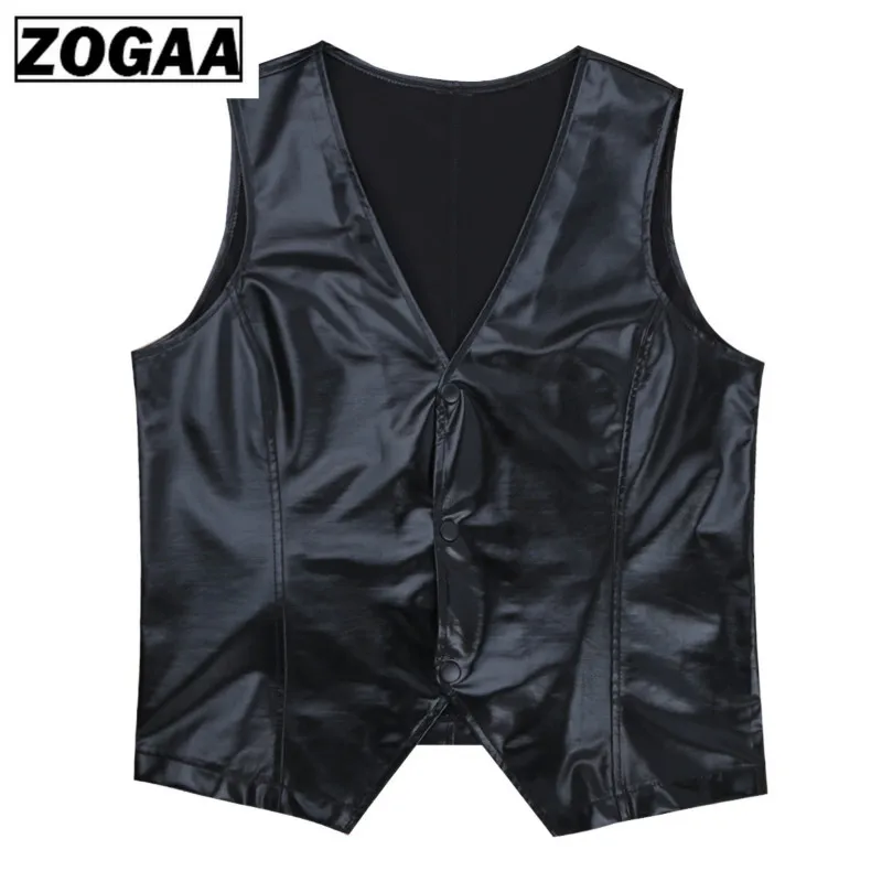 ZOGGA 3 Color Soft Leather Men Vest Tops Snap Buttons Shiny Sexy Waistcoat Jacket Nightclub Party Stage Vest Men Leisure Suits