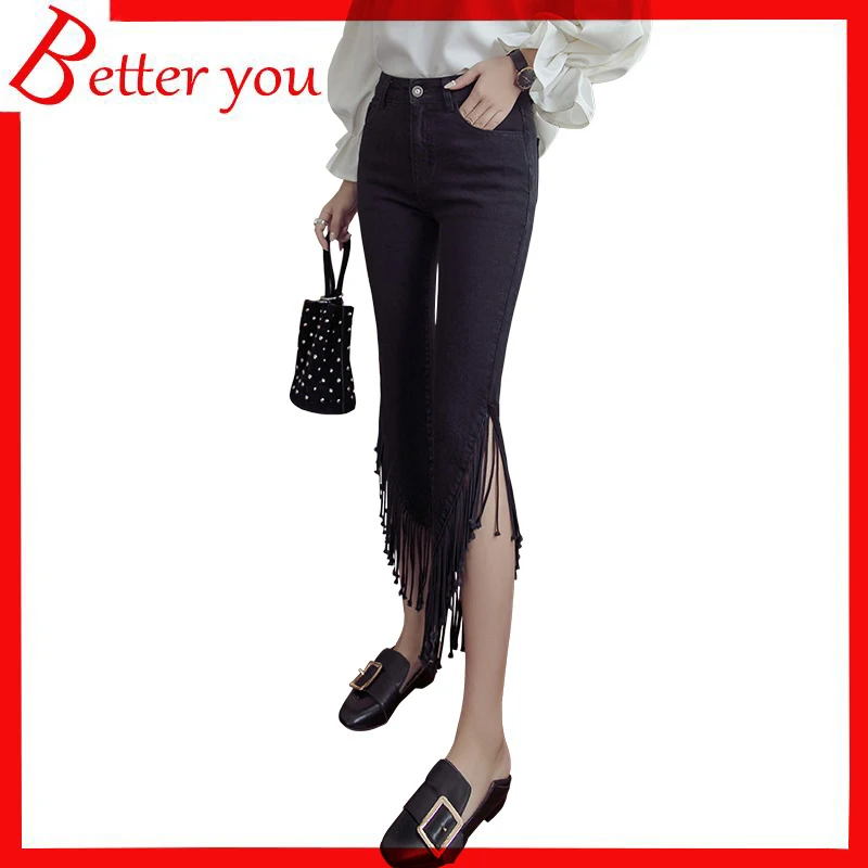 

Fashion ladies jeans high waist jeans cropped pants blue black women's pants fringed jeans girlfriends