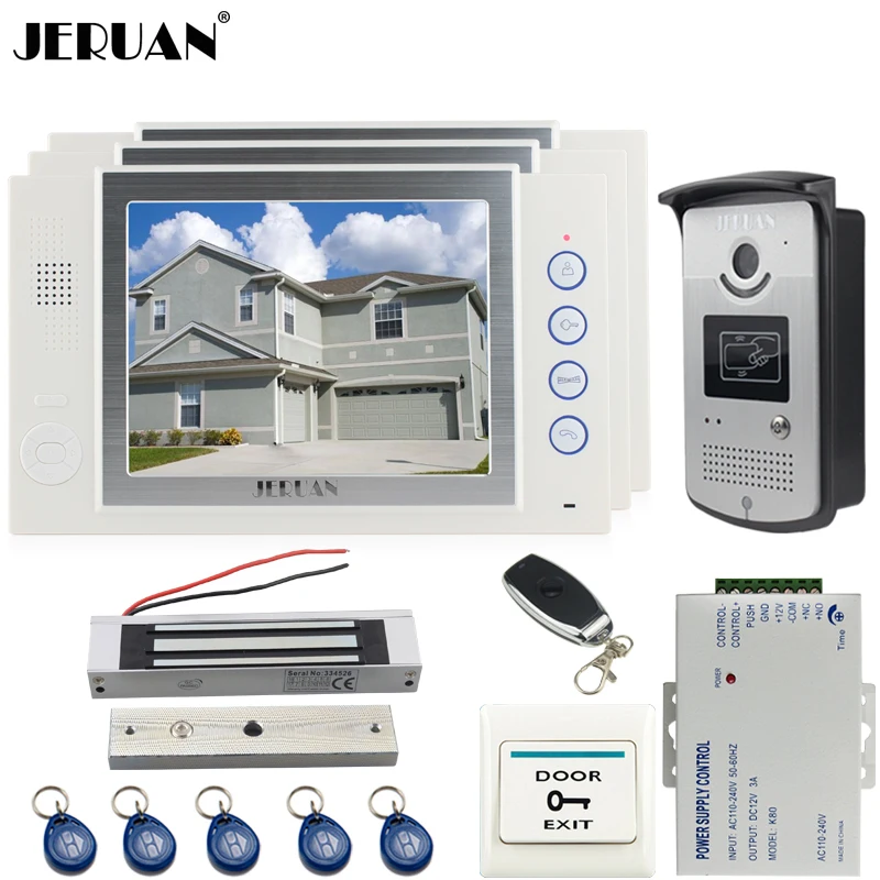 

JERUAN 8`` video door phone Record intercom system kit Aluminum panel 700TVL RFID Access Camera 180KG Magnetic lock 8GB SD