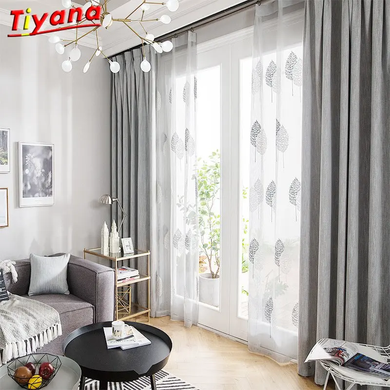 

Grey Solid Thick Cloth Bamboo Fiber Cotton Custom Tree Embroidered Curtain for Living Room Window Golden Leaf Embroidery Curtains for Bedroom SU016#30