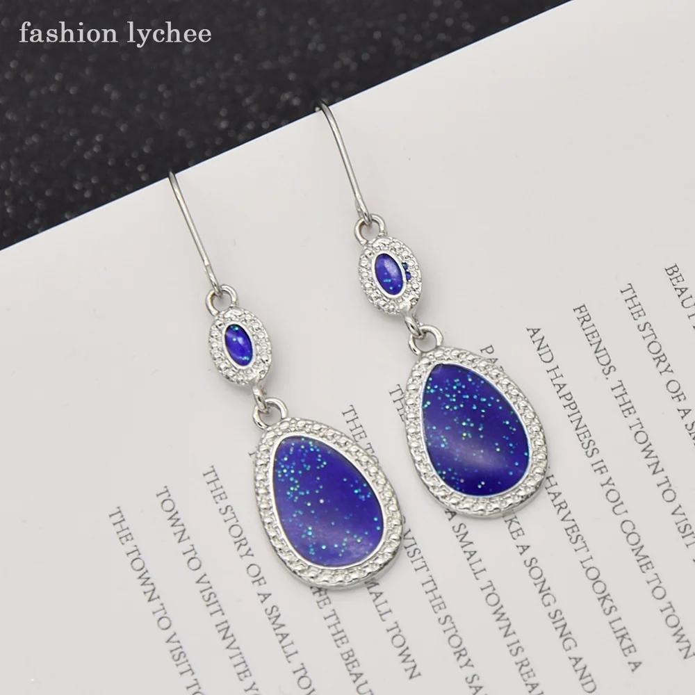 fashion lychee Silver Blue Fire Opal Crystal Women Drop Earrings Wedding Banquet Oval Shape Trendy Jewelry | Украшения и