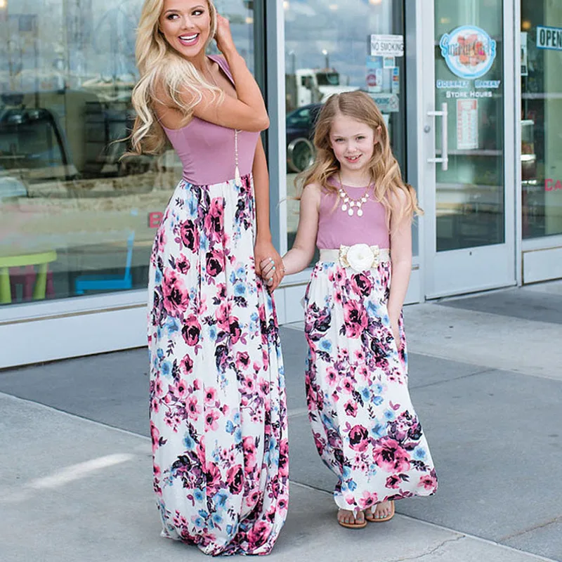 

2019 New Mom Daughter Summer Floral Print Sleeveless Long Dress with Round Neck High Waist