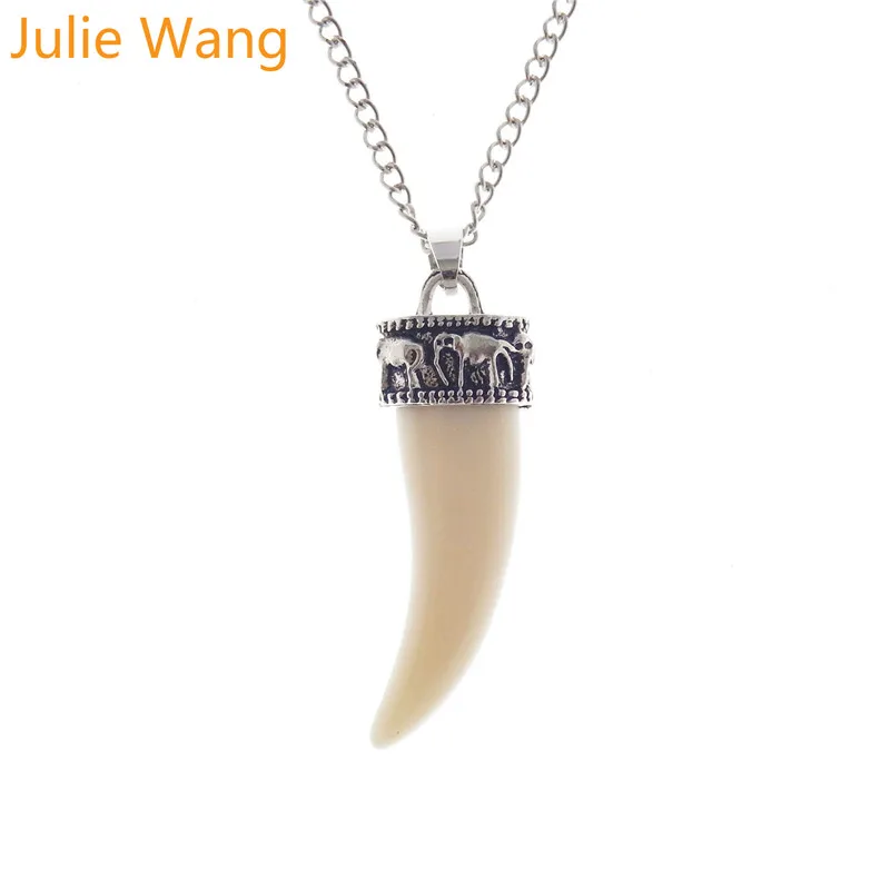 

Julie Wang 1PCS Alloy Vintage Animal Teeth Imitation Ivory Long Chain Necklace Pendants Women Men Jewelry Choker