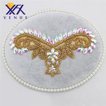 

XINFANGXIU Choosable rhinestone neckline appliques crystal patchs butterfly motif for wedding dress/top-end dress