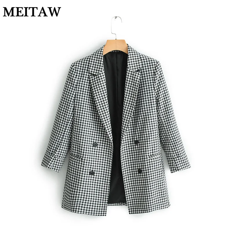 

Autumn Winter Black White Plaid Suit Jacket Lady Office Tops 2019 Casual 3/4 Sleeve Button Coats Female Work Wear Party Jackets